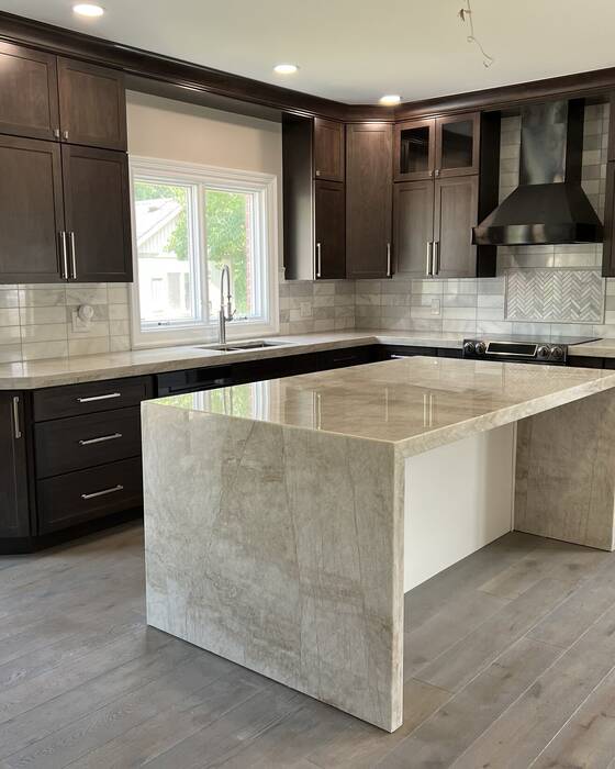 Finished kitchen countertop and island, fabricated by Beautiful Granite & Marble
