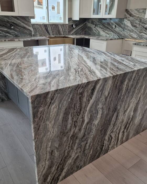 Finished kitchen countertop and island, fabricated by Beautiful Granite & Marble