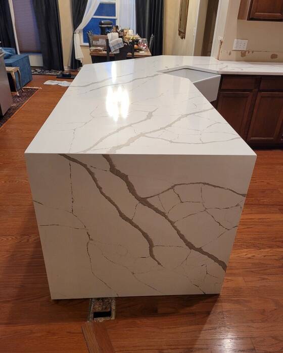 Finished kitchen countertop and island, fabricated by Beautiful Granite & Marble