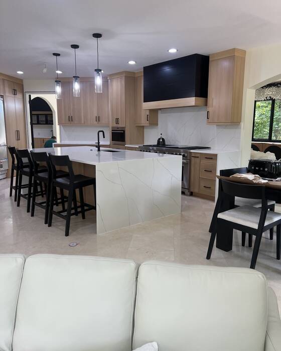 Finished kitchen countertop and island, fabricated by Beautiful Granite & Marble