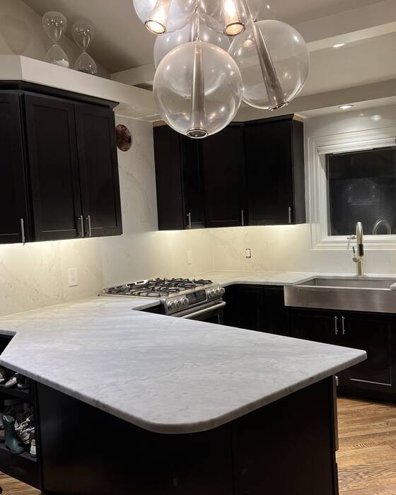 Finished kitchen countertop and island, fabricated by Beautiful Granite & Marble