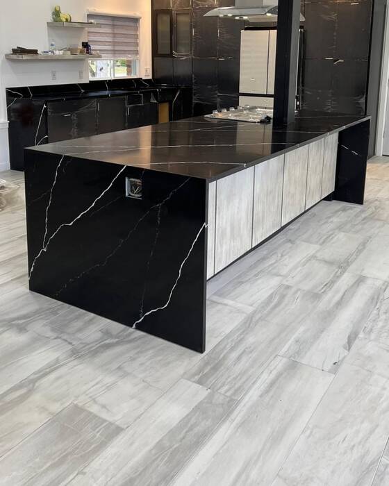Finished kitchen countertop and island, fabricated by Beautiful Granite & Marble