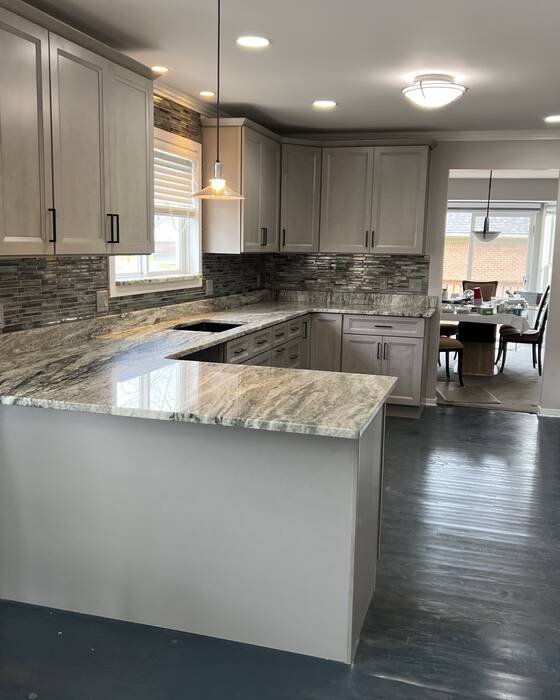 Finished kitchen countertop and island, fabricated by Beautiful Granite & Marble